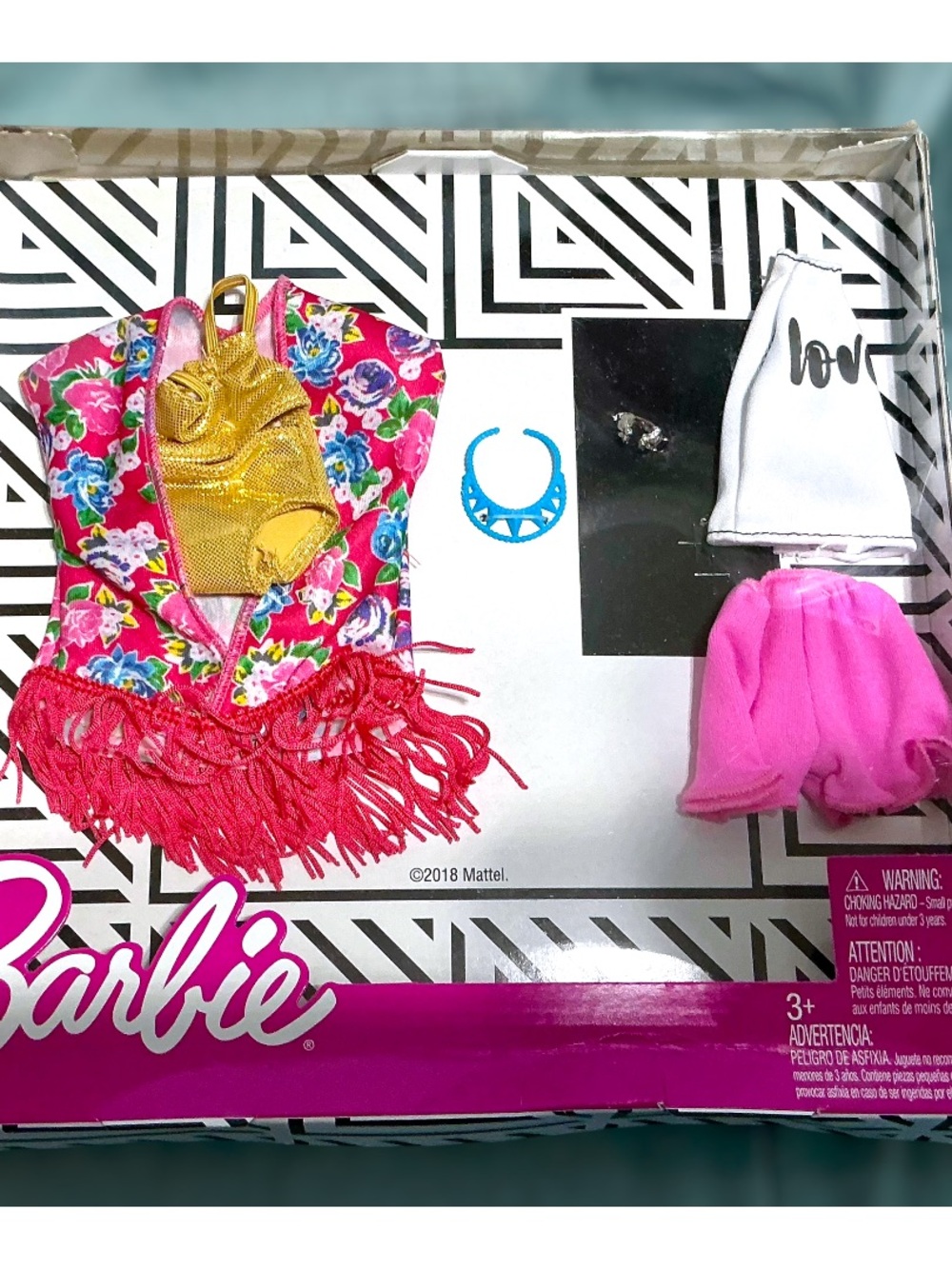 Barbie Fashions 2018 2 Outfit Pack Floral Fringe Vest Love Top FXJ62
